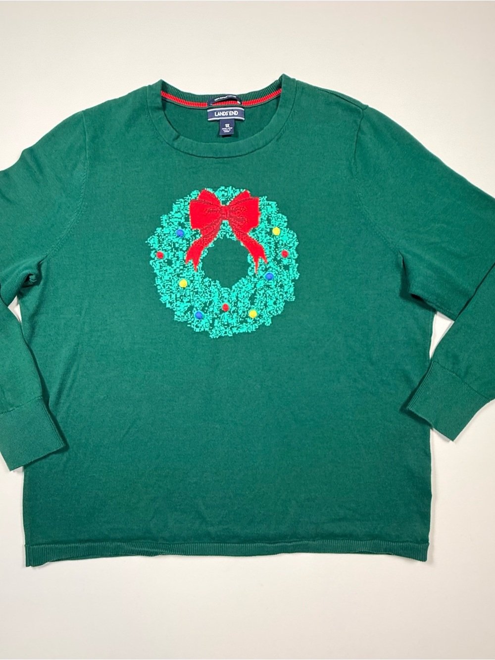 Lands’ End 1X Supima Cotton Christmas Wreath Sweater Green